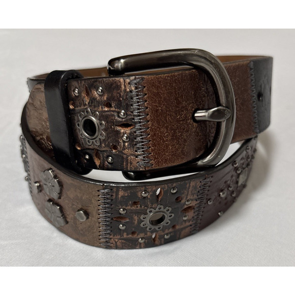Vintage Y2K Fossil Small Leather Belt Patchwork Floral Studded Cowhide Tooled - Picture 1 of 7